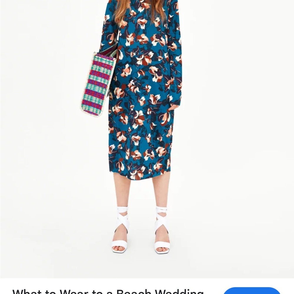 Zara women’s floral long sleeve midi dress size M blue artsy lightweight stretch